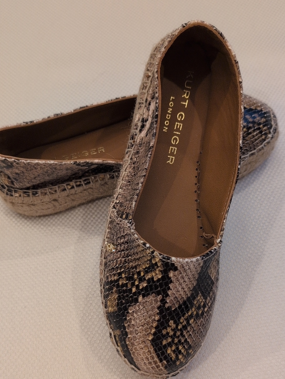 Kurt Geiger Snake-Print Espadrille Flats in Taupe and Black